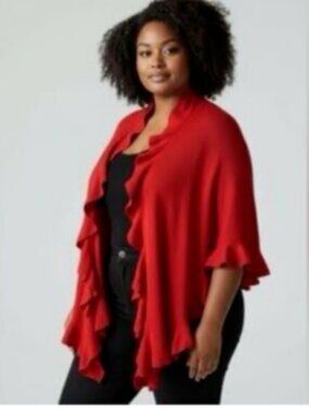 Coldwater Creek Red Ruffle Ruana Wrap OS Boho Lagenlook Open Front Shrug Poncho